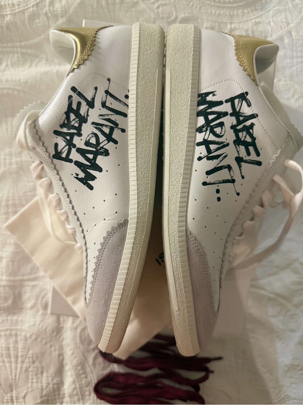 Isabel Marant White Sneakers with Gold Heel Accent and Graffiti Logo - Picture 5 of 10